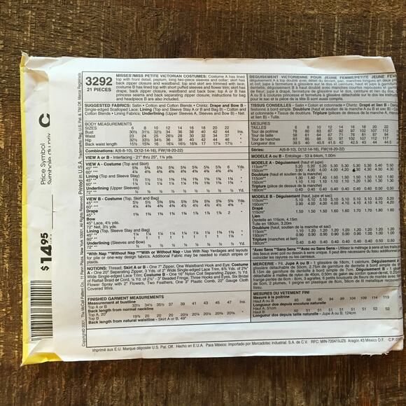 McCalls Sewing Pattern 3292 Victorian Wedding Dress Bridal Costume 6-10 UNCUT - Picture 2 of 3